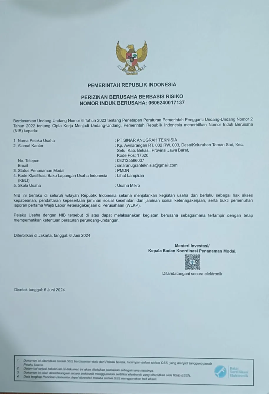 Dokumen Nomor Induk Berusaha PT Sinar Anugrah Teknisia